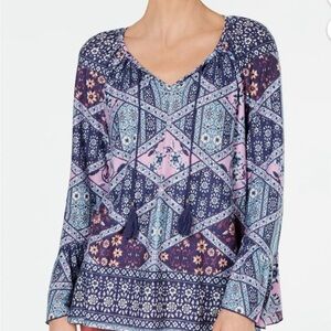 NWT Style & Co Printed Tassel Tie Ruffle Cuff Top Floral Blouse Medium